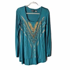 Miss Me Teal Beaded High Low Long Top Size Small